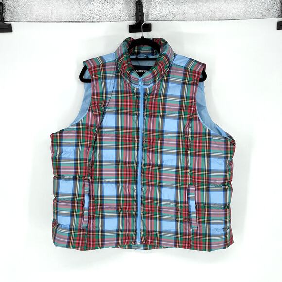 Land's End Women's Baby Blue Red & Green Plaid Down Vest - Plus 2X - Picture 1 of 8